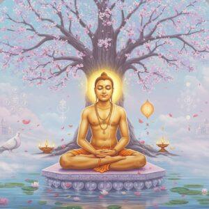 A serene portrait of Lord Mahavira in deep meditation, seated in padmasana on a crystalline lotus platform floating above tranquil waters. His form radiates a soft golden aura, wearing simple white dhoti. His face shows perfect peace with half-closed eyes. Behind him rises a massive sacred Ashoka tree with delicate pink blossoms, its branches forming natural mandalas. Floating symbols of Jain principles surround him - a white dove for non-violence, a glowing lamp for knowledge, and interconnected geometric patterns representing the 14 stages of spiritual development. The background features ethereal mist in pastel blues and lavenders, with subtle sacred symbols of Jainism embedded within. Multiple translucent layers show his transformation from prince to ascetic. Scattered lotus petals and small orbs of divine light create depth. The art style combines traditional Jain manuscript paintings with modern digital art techniques, using a palette of whites, golds, and soft pastels. Hyperdetailed, ornate patterns frame the edges with Jain architectural motifs.