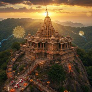A majestic aerial view of Maihar Devi Temple perched atop the Trikuta hills during golden sunset, with ornate stone architecture featuring intricate Madhubani-style patterns carved into its walls. The temple glows with warm light, surrounded by lush green forests and misty mountains. In the foreground, traditional Indian classical musicians playing tanpura and sitar, paying homage to Maihar Gharana's musical legacy. Ancient stone steps wind up the hillside, decorated with floating diyas and marigold flowers. The scene is enhanced with ethereal elements: floating golden mandalas, mystical peacock blue smoke trails, and delicate lotus motifs in the sky. The lighting creates a dramatic interplay of light and shadow, with rays of sun breaking through clouds, illuminating the temple's spires. The color palette combines deep maroons, saffron yellows, and peaceful blues, while maintaining a serene, spiritual atmosphere. The style merges photorealistic architecture with surreal, magical elements of traditional Indian art, creating a dreamlike quality.