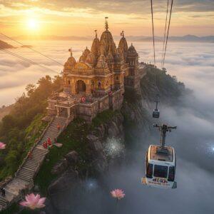 A majestic aerial view of the Maihar Devi Temple perched atop the Trikuta hills, with a modern glass-enclosed ropeway cabin in the foreground, gliding through misty clouds. The temple architecture features intricate Madhubani-style patterns in gold and saffron. The scene is illuminated by a divine sunrise casting ethereal golden rays through the morning fog. Below, the verdant hills are decorated with blooming lotus flowers and floating mandalas in soft pastels of pink and blue. The ropeway cables shimmer with spiritual energy, depicted through glowing golden threads. In the distance, peaceful devotees in traditional Indian attire can be seen ascending the ancient stone steps. The composition combines photorealistic architecture with surreal elements like floating crystal lotuses and glowing sacred geometry patterns. The lighting is dreamy and atmospheric, with rays of sunlight creating god-rays through the mist. The color palette features deep maroons, peacock blues, and warm golds, with subtle digital glows and ethereal light effects.