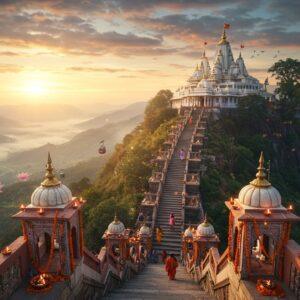 A majestic aerial view of Maihar's sacred hill at golden hour, with the iconic Maa Sharda Temple perched atop, its white and gold spires gleaming against a dreamy sunset sky filled with soft pink and orange clouds. In the foreground, intricate Madhubani-style decorative elements frame winding stone steps leading up the hill, adorned with traditional oil lamps and marigold garlands. A few devotees in traditional Indian attire climbing the stairs, their silhouettes creating a sense of scale. The scene includes the famous Maihar ropeway cars gliding through the air, casting gentle shadows. The surrounding landscape shows the lush Satpura range with misty valleys, rendered in deep emerald greens and soft blues. Ethereal rays of light pierce through clouds, creating a divine atmosphere. The art style combines photorealistic architecture with stylized Indian traditional art elements, featuring a color palette of deep maroons, saffron, gold, and peacock blue. Small details include fluttering prayer flags, sacred symbols, and delicate lotus motifs floating in the corners. The lighting is warm and mystical, with subtle lens flares and golden highlights.