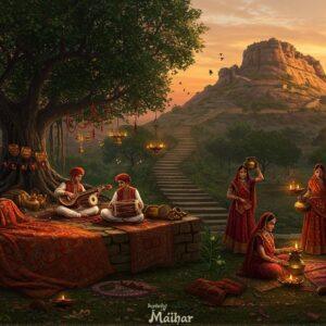 A panoramic view of Maihar's mystical landscape at golden hour, featuring the majestic Trikut Hills in the background with ancient stone steps winding upwards. In the foreground, a beautifully detailed scene showcases local artisans creating traditional Maihar textiles in rich maroon and saffron colors. The composition includes intricate Madhubani-style borders featuring peacocks and lotus motifs. A group of musicians playing the Maihar Gharana style veena sits beneath a ancient banyan tree adorned with red threads and bells. The scene is illuminated by warm, ethereal light with floating diyas creating a magical atmosphere. Local women in traditional Bundelkhandi attire carry brass water pots, their jewelry glinting in the light. The style combines hyperrealistic details with dreamy, surreal elements, incorporating both digital art techniques and traditional Indian art patterns. The color palette features deep burgundy, forest green, earthy browns, and touches of gold, with soft glowing highlights throughout the scene. Small details include traditional handicrafts, locally made musical instruments, and native birds in flight against the sunset sky.
