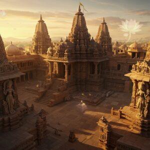 A majestic aerial view of the Maitraka-era Rudra Mahalaya temple in Siddhpur, rendered in intricate detail with traditional Indian art style. The temple features elaborate stone carvings, multiple shikhara towers adorned with geometric patterns, and ornate pillared mandapas. The scene is illuminated by golden sunset light, casting long shadows across the temple courtyard. In the foreground, detailed sculptures of celestial dancers (apsaras) emerge from intricately carved pillars, wearing period-accurate jewelry and clothing. The surrounding landscape shows period-authentic buildings and structures in warm sandstone tones. Ethereal lotus motifs float in the air, rendered in glowing pastel blues and soft pinks. The architecture showcases the distinctive Maitraka style with its unique blend of Gupta and post-Gupta elements. The scene is enhanced with subtle spiritual symbols, mandalas, and flowing patterns characteristic of Madhubani art style. Hyperrealistic 3D rendering, atmospheric lighting, cinematic composition, golden hour, architectural photography style, ultra-detailed, photorealistic textures.