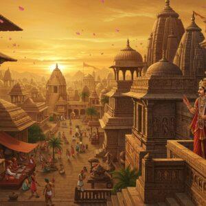 A majestic panoramic view of the ancient Maitraka capital Vallabhi, rendered in rich Indian artistic style, featuring imposing stone temples with intricate carvings and towering shikhara spires against a golden sunset sky. In the foreground, a noble Maitraka ruler wearing elaborate royal garments, pearl necklaces, and a distinctive crown stands on an ornate balcony overlooking the cityscape. The scene includes Buddhist monasteries with copper-gilded roofs, Sanskrit scholars studying palm leaf manuscripts, and merchants trading precious silks and spices in bustling marketplaces. The architecture showcases the distinctive Maitraka style with detailed stone sculptures and geometric patterns. Ethereal light bathes the scene in warm saffron and deep peacock blue hues, while floating lotus petals and glowing mandalas frame the composition. The artwork combines Pattachitra's intricate detailing with modern digital art techniques, creating depth through layers of architectural elements and atmospheric lighting. The overall scene emanates prosperity and cultural sophistication of the 6th-8th century Gujarat region.