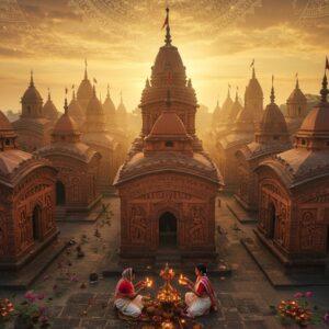 A breathtaking aerial view of the terracotta Maluti temples at sunset, with intricate details showing 72 temples arranged in a geometric pattern, their spires reaching towards a mystical sky filled with warm golden light and subtle mandala patterns. The temples feature detailed terracotta work with scenes from Ramayana and Mahabharata carved on their walls in Madhubani art style. In the foreground, two Indian women in traditional Bengali sarees (white with red borders) perform puja with brass lamps. The scene is enhanced by floating lotus flowers and diyas around the temples, creating a ethereal glow. The architecture showcases precise Bengali temple style with curved cornices, decorated pinnacles, and ornate archways. Soft rays of light filter through the temples, highlighting their weathered terracotta surfaces. The color palette includes deep earthy reds, burnt orange, golden yellows, and subtle blues. The scene is rendered in a harmonious blend of photorealistic detail and traditional Indian artistic elements, with an emphasis on the geometric patterns and symmetrical arrangement characteristic of Maluti temples. Atmospheric perspective creates depth with slight morning mist in the background.