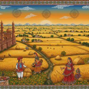 A panoramic aerial view of the Malwa plateau during harvest season, featuring golden wheat fields stretching to the horizon, intricately detailed in Madhubani art style. In the foreground, three Indian farmers (two men, one woman) in traditional Malwa attire - men wearing dhoti-kurta with colorful turbans, woman in vibrant ghagra-choli with traditional silver jewelry. They're working with traditional farming tools amidst blooming marigold fields. The scene is framed by ancient Malwa architecture, including portions of the historic Mandu fort and distinctive Islamic-style domes in deep saffron hues. Cotton clouds painted in peacock blue hover above. The landscape includes the meandering Chambal river rendered in flowing patterns inspired by Pattachitra art. The scene is illuminated by a warm, golden sunset creating long shadows across the plateau. Small visual elements include local wildlife like blackbucks and peacocks, and glimpses of local handicrafts like Chanderi silk and Maheshwari textiles hanging from village homes. The entire composition is enhanced with intricate mandala patterns in the sky, and the borders feature traditional Malwa motifs in gold and deep maroon.