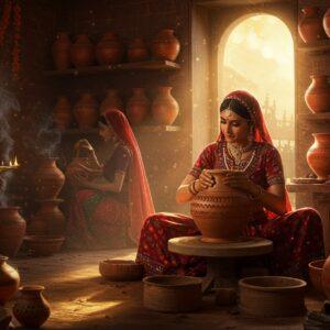 A masterfully detailed Indian pottery scene showing three skilled female artisans in traditional Malwi attire (bright lehnga-choli with intricate mirror work) crafting distinctive terracotta vessels. The central potter works on a traditional wheel creating a large pot with characteristic Malwa geometric patterns, her hands gracefully shaping the clay. The scene is illuminated by warm, golden sunlight streaming through an ornate window, creating dramatic shadows that highlight the pottery's textures. In the background, finished pieces showcase the iconic black-and-red ware style typical of Malwa culture, arranged on wooden shelves with mandala-carved supports. Decorative elements include delicate peacock motifs, concentric circles, and wavy lines characteristic of Malwa pottery. The workspace features hanging strings of marigolds, brass lamps, and subtle smoke wisps from recently fired pieces. The color palette emphasizes earthy reds, deep browns, and burnt oranges, with touches of gold and indigo. The scene is rendered in a style blending traditional Madhubani patterns with modern digital art techniques, creating a photorealistic yet mystical atmosphere. Soft bokeh effects in the background create depth, while intricate details on the pottery remain sharp and clear.
