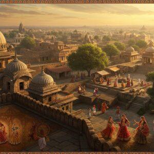 A majestic aerial view of an ancient Malwa settlement at sunset, featuring the iconic Hindola Mahal of Mandu in the foreground with its distinctive sloping walls and Islamic architecture. The scene transitions into a sprawling historical landscape with traditional Malwa-style houses with red-tiled roofs and intricate stone carvings. In the middle ground, detailed depictions of daily life show people in traditional Malwi attire - women in vibrant lehengas with distinctive Malwi turbans, and men in dhoti-kurtas with safas. The foreground features intricate Malwa-style paintings in rich earth tones (deep browns, burnt orange, and forest greens) showcasing classical dancers performing Malwi folk dance. Ancient stepwells with geometric patterns, ornate temples with nagara-style architecture, and royal palaces blend seamlessly into the composition. The lighting is warm and golden, casting long shadows across the ancient stones. The scene incorporates Madhubani-style decorative elements along the borders, with motifs of local flowers, peacocks, and geometric patterns. The atmosphere has a mystical quality with soft glowing halos around the architectural elements, creating a harmonious blend of historical accuracy and artistic interpretation. The art style combines hyperrealistic architectural details with stylized traditional Indian art elements, rendered in a digital fantasy aesthetic.