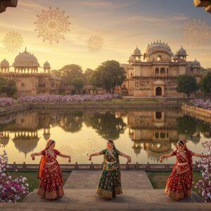 A grand aerial view of Mandu's Jahaz Mahal reflected in its surrounding waters at golden hour, with intricate Malwa-style architectural details in pristine white marble. In the foreground, three Indian women in traditional Malwa attire with distinctive chanderi sarees and traditional silver jewelry perform the Malwi folk dance. Their vibrant costumes feature geometric patterns in deep indigo, saffron, and maroon. The scene is adorned with blooming mahua trees and cotton fields characteristic of the Malwa region. Floating ethereal mandalas inspired by Malwa's temple architecture create a mystical atmosphere. The lighting creates a dreamy gradient from warm golden to deep purple in the sky, with soft light rays filtering through ornate jharokhas. The scene incorporates elements of Malwa's famous Bagh prints with peacock motifs and floral patterns subtly woven into the landscape. Art style merges hyperrealistic architectural details with stylized Indian miniature painting techniques, modern digital art finishing with rich textures and depth. The overall composition suggests grandeur, cultural richness, and timeless tradition.
