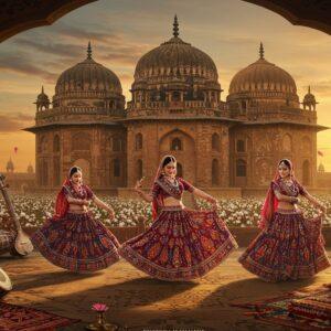 A grand panoramic scene of Malwa's iconic Mandu Fort at sunset, with intricate Malwa-style architecture featuring distinctive domes and arches in warm sandstone. In the foreground, three generations of Indian women in traditional Malwa attire - vibrant lehnga-choli with characteristic Bagh print patterns in deep indigo and maroon. They're performing the graceful Malwi dance, their ghagras flowing in motion. The scene is adorned with traditional Malwa musical instruments - the bila and dholak positioned artistically. Surrounding them are elements of Malwa's famous crafts - Maheshwari silk textiles in jewel tones, ornate brass work, and terracotta pottery with intricate geometric patterns. The lighting is ethereal with golden hour glow, casting long shadows and highlighting the architectural details. The composition includes stylized Mandana floor art patterns, blooming cotton fields in the background, and floating lotus petals. Art style combines hyperrealistic digital art with traditional Malwa miniature painting techniques, featuring rich colors like deep crimson, royal blue, and burnished gold. The atmosphere captures both the royal grandeur and folk simplicity of Malwa culture.