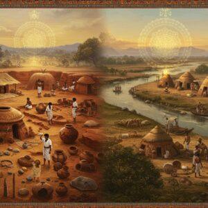 A panoramic archaeological scene showcasing two distinct settlements side by side, divided by a flowing river. On the left, a meticulously detailed Malwa settlement with characteristic black-and-red pottery arranged in foreground, copper tools, and distinctive microliths. People wearing simple cotton wraps and copper ornaments engage in daily activities. The right side displays other Chalcolithic settlements with their unique pottery styles, including Jorwe's painted designs and Kayatha's sophisticated ceramics. The scene is rendered in rich earth tones - terracotta reds, ochres, and deep browns. Intricate Madhubani-style border patterns frame the scene, incorporating copper-age motifs and symbols. Ethereal golden light bathes the scene, creating a mystical atmosphere. In the background, subtle mandalas and sacred geometry patterns emerge from the landscape. The art style combines hyperrealistic archaeological details with traditional Indian artistic elements, featuring a surreal, dreamlike quality while maintaining historical accuracy. Aerial perspective, cinematic composition, detailed textures, 8k resolution.