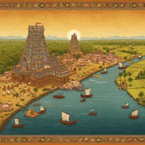 A majestic aerial view of ancient South India, rendered in rich Pattachitra style, showing the Pandya kingdom's territory in vibrant saffron and gold hues. The centerpiece features the iconic Meenakshi Amman Temple of Madurai with its towering gopurams detailed in intricate patterns. Below, scattered pearls and fishing boats represent their maritime trade, while detailed fish emblems (the Pandya royal symbol) appear in gold filigree. The landscape includes lush paddy fields, palm groves, and the meeting point of three seas. Trade routes are illustrated through golden threads connecting various ports. Warriors in traditional Pandyan armor and clothing stand guard at strategic points. The border features Madhubani-style patterns incorporating Tamil-Brahmi script motifs and temple architecture elements. The scene is illuminated by a warm, ethereal glow, with subtle mandala patterns in the sky. The color palette focuses on deep blues of the ocean, emerald greens of the landscape, and royal golds and maroons of the kingdom, all rendered in a harmonious blend of traditional and digital art styles.
