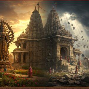 A majestic stone temple complex against a dramatic sunset sky, with the main shrine featuring intricate Kashmiri-Nagara architecture style carved in grey limestone. The temple's prominent central tower rises majestically, surrounded by smaller peaked roofs and colonnaded courtyard. In the foreground, a richly detailed carved Sun God statue in traditional Kashmiri style stands tall, with multiple arms holding lotus flowers and radiating golden light. The scene is split diagonally - one half shows the temple in its full glory with warm golden sunlight, flowering gardens, and devotees in 8th-century Kashmiri attire, while the other half depicts partial ruins under stormy skies with falling stones and traces of destruction. Ethereal beams of light pierce through dark clouds, illuminating the ruins. The composition includes intricate Madhubani-style border patterns featuring sun motifs, lotus flowers, and geometric designs in deep maroon, gold, and peacock blue. The lighting creates a dramatic interplay of light and shadow, emphasizing both grandeur and decay. Photorealistic digital art style with high attention to architectural details, textures of weathered stone, and atmospheric lighting effects.