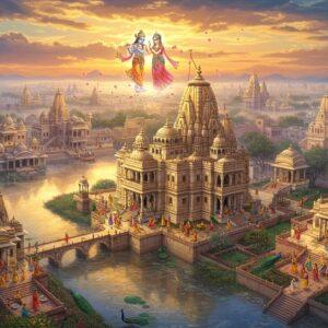 A mystical aerial view of Mathura and Vrindavan temples during sunrise, with the sacred Yamuna River flowing in a serpentine pattern, glowing in golden light. The iconic Krishna Janmabhoomi temple complex dominates the center, featuring intricate North Indian temple architecture with ornate spires and domes in cream and gold. Multiple temples dot the landscape, connected by ancient pathways lined with flowering tulsi plants. Peacocks dance in temple courtyards while devotees in colorful traditional attire circumambulate the shrines. The divine presence of Lord Krishna and Radha appears as ethereal, semi-transparent forms dancing above the temples, surrounded by floating lotus petals and glowing orbs of light. A soft morning mist adds depth, while rays of sunlight create divine beams through the clouds. The scene combines hyperrealistic architectural details with magical elements, rendered in a style blending traditional Rajasthani miniature painting techniques with modern digital art. Rich colors of saffron, deep blue, and gold dominate, with hints of rose pink in the sky.