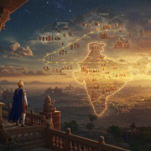 A grand, cinematic scene depicting Emperor Ashoka in regal attire (gold-trimmed deep blue silk robes) standing atop an ancient stone balcony of Pataliputra palace, overlooking a vast landscape that morphs from a physical terrain into a living map of the Mauryan Empire. The map elegantly transitions from realistic mountains and rivers into Madhubani-style artistic representations. The empire's boundaries are marked by ethereal, glowing golden lines. In the foreground, intricate marble pillars with the Ashoka chakra and lion capital. The sky features a cosmic arrangement of stars forming the timeline, with key events depicted as glowing celestial events. Ancient trade routes shown as flowing rivers of light. Multiple layers of the scene are interconnected by subtle lotus motifs and peacock feathers. The lighting is dramatic with warm golden hues from the setting sun, casting long shadows across the terrain. The art style combines hyperrealistic architectural details with traditional Indian artistic elements, featuring rich jewel tones of royal blue, deep maroon, and burnished gold. Atmospheric elements include wispy clouds that form subtle Brahmi script patterns.