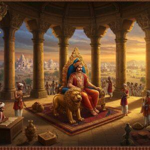 A majestic scene depicting Emperor Ashoka in a grand durbar hall, wearing rich gold-embellished royal attire and signature Mauryan turban, seated on an ornate golden lion throne. The hall features iconic Mauryan polished pillars with bell-shaped capitals and lotus motifs. In the foreground, detailed scenes show various aspects of Mauryan administration - ministers in silk robes managing records on palm leaves, craftsmen working with precious gems and metals, merchants trading exotic goods like silk and spices. The background showcases a sprawling cityscape of Pataliputra with distinctive Mauryan architecture, busy trade routes with caravans, and farmers tending to advanced irrigation systems. The scene is illuminated by warm golden light filtering through ornate windows. The art style combines traditional Madhubani patterns in the borders with hyperrealistic digital rendering, using rich colors like deep maroon, royal blue, and burnished gold. Intricate medallions and peacock motifs adorn the pillars, while chakra symbols and lotus flowers are subtly incorporated into the architectural details. The lighting creates a sense of grandeur and historical importance.