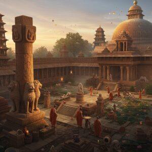 A majestic aerial view of Pataliputra at golden hour, featuring the grandeur of Mauryan architecture with towering wooden palaces adorned with intricate carvings. In the foreground, a detailed Ashoka Pillar with its four lions stands prominently, rendered in polished sandstone. The scene includes artisans crafting detailed sculptures using the distinctive Mauryan polish technique, their tools gleaming in the warm light. Buddhist monks in saffron robes walk through courtyards decorated with lotuses and peacock motifs. The background showcases massive stupas with intricate geometric patterns and reliefs depicting scenes from the Buddha's life. Natural elements like blooming lotus ponds and native trees frame the scene. The color palette features rich browns, deep maroons, warm golds, and weathered stones. The art style combines hyperrealistic architectural details with ethereal lighting and traditional Indian artistic elements, creating a dreamlike quality while maintaining historical accuracy. Atmospheric elements include soft mist and glowing lanterns casting a warm ambiance across the scene.