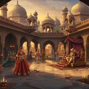 A majestic Indian palace courtyard during golden hour, featuring intricate Rajasthani architecture with carved marble jharokhas and ornate archways. In the foreground, a noble Indian king in rich brocade attire and jeweled turban sits on an elevated golden throne, while courtiers in period-accurate medieval Indian clothing gather around. To the left, classical Indian dancers perform in vibrant ghagras, their jewelry catching the light. To the right, skilled artisans work on detailed miniature paintings and intricate metalwork. The background shows towering minarets and domes with detailed Islamic geometric patterns, while peacocks roam freely in the marble courtyard. Floating diyas and rose petals add a magical element. The scene is rendered in rich jewel tones of royal blue, deep crimson, and burnished gold, with soft atmospheric lighting creating depth. The art style combines traditional Mughal miniature painting techniques with modern digital artistry, featuring detailed ornamentation and a dreamy, ethereal quality. Multiple levels of architectural elements create depth, with distant glimpses of medieval city life visible through the arches.