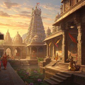 A grand panoramic view of a majestic medieval Indian temple complex at golden hour, featuring soaring gopurams with intricate Dravidian architecture rising into a dreamy sunset sky filled with soft pink and orange clouds. In the foreground, a beautifully detailed stone mandapa with carved pillars, where Indian artisans in period-accurate clothing (dhoti and angavastram) are sculpting intricate figures. To the left, a group of classical dancers in traditional attire perform beneath ornate arches. The scene includes flowing water channels and stepped tanks with lotus flowers, reflecting the golden light. Detailed miniature paintings in Rajasthani style adorn the visible temple walls, depicting epic scenes. Prayer flags and silk banners in deep maroon and saffron flutter in the breeze. Multiple layers of architectural elements showing both Nagara and Dravidian styles blend seamlessly. The lighting is warm and ethereal, with rays of sunlight filtering through the pillars, creating dramatic shadows. Rich jewel tones of peacock blue, deep red, and gold dominate the color palette. Intricate geometric patterns and mandalas are carved into the stone surfaces, with hints of original paint still visible. The scene is rendered in a style blending hyperrealistic architectural details with the decorative elements of traditional Indian miniature paintings.