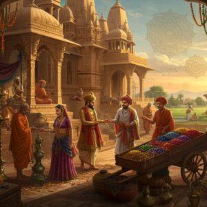 A grand panoramic scene of a medieval Indian marketplace bustling with life, set against the backdrop of an ornate sandstone temple architecture with intricate carved spires. In the foreground, merchants in rich silk garments trade precious gems, textiles, and spices displayed on wooden carts decorated with traditional Madhubani patterns. Center stage features a wealthy Hindu merchant wearing a gold-threaded dhoti and turban, exchanging gold coins with an Arab trader in flowing robes. To the left, craftsmen work on detailed metal sculptures and jewelry, while on the right, Buddhist monks in saffron robes and Muslim scholars in traditional attire engage in peaceful discourse. The scene is illuminated by warm golden sunlight filtering through ornate jharokhas, casting intricate shadows. Floating mandala patterns in deep maroon and peacock blue overlay the scene ethereally. The marketplace is adorned with hanging marigold garlands, brass lamps, and detailed textile banners. In the background, farmers tend to lush green fields, while caravans of camels loaded with goods appear on the horizon. The art style combines hyper-detailed medieval Indian miniature painting techniques with modern digital art aesthetics, featuring rich jewel tones and metallic accents, rendered in 8K resolution, cinematic lighting.