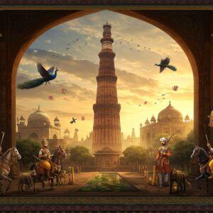 A grand, cinematic panorama of medieval Indian architecture featuring the majestic Qutub Minar in golden hour light, surrounded by intricate Islamic geometric patterns and Hindu temple architecture. In the foreground, detailed miniature-style illustrations show warriors on horseback from various medieval dynasties - a Rajput warrior in full armor, a Mughal soldier with characteristic curved sword, and a Chola warrior with traditional South Indian weapons. The scene includes architectural elements from different periods - the lotus-domed temples of Khajuraho, the massive gates of Fatehpur Sikri, and the water gardens of medieval Delhi. Flying above are elegant peacocks carrying scrolls, symbolizing knowledge. The lighting is dramatic with warm golden rays filtering through Indo-Islamic archways, creating a mystical atmosphere. The scene incorporates traditional Madhubani patterns in the borders, with rich jewel tones of deep blue, burgundy, and gold. The artwork style merges hyperrealistic architectural details with stylized traditional Indian art elements, featuring intricate filigree work and detailed ornamentation. Include floating lotus flowers and illuminated manuscripts in the corners, with subtle mandalas in the background emitting a soft ethereal glow.