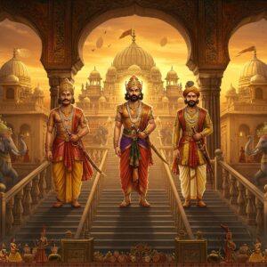 A majestic panoramic scene depicting three powerful Indian kings from different medieval dynasties standing atop ornate marble steps of a grand palace, wearing period-accurate royal attire and jewels. The central figure wears the distinct Chola dynasty crown with Tiger emblem, flanked by a Rajput warrior-king in armor with traditional turban and a Vijayanagara emperor in gold-threaded robes. Behind them rises a magnificent Indian palace architecture combining elements of Dravidian gopurams, Islamic domes, and Hindu temple spires in gold and ivory. The foreground shows intricate Madhubani-style border patterns featuring medieval warfare scenes with elephants, horses and soldiers. The sky features a dramatic sunset in deep saffron and royal blue, with floating mandala patterns. Multiple levels of grand archways frame the scene, decorated with period-specific motifs from Ajanta-style paintings. The lighting is dramatic with golden rays filtering through the architecture, casting long shadows. The scene includes subtle details like royal court dancers, medieval weapons, and carved pillars in ultra-detailed digital art style, maintaining historical accuracy while incorporating modern aesthetic sensibilities. The atmosphere is regal and powerful, with floating silk banners and peacock feather motifs adding movement and grandeur.