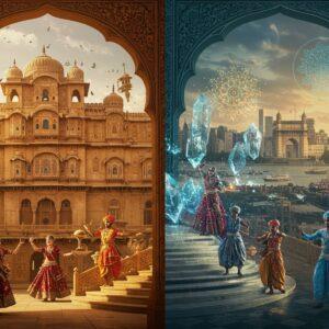 A majestic split-screen composition showing medieval and modern India seamlessly blending together, divided by an ornate golden flourished arch. On the left, a detailed medieval Indian palace courtyard with intricate Rajasthani architecture, featuring carved jharokhas and domed pavilions in warm sandstone. On the right, a modern glass-and-steel cityscape of Mumbai with the iconic Gateway of India. In the center, floating crystalline elements transform from traditional Mughal motifs into modern geometric patterns. A grand marble staircase flows through both scenes, where traditional dancers in ghungroos and silk costumes gracefully merge with modern Indian performers in fusion attire. Soft ethereal lighting bathes the scene, with golden hour sunlight casting long shadows across both periods. Delicate mandalas and lotus patterns float in the air, transforming from traditional Madhubani style to sleek digital designs. Rich jewel tones of royal blue, deep crimson, and burnished gold dominate the medieval side, while modern side features metallic silvers and electric blues, unified by threads of gold throughout. Hyperrealistic digital art style with magical realism elements, cinematic lighting, detailed textures, 8k resolution.