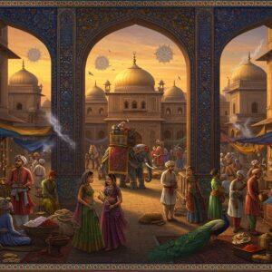 A bustling medieval Indian marketplace at sunset, featuring ornate Mughal architecture with intricate jali work and golden domes in the background. In the foreground, richly detailed Indian merchants in vibrant period-accurate clothing (jewel-toned silk kurtas, turbans) negotiate over precious goods. The scene showcases a grand caravan with decorated elephants carrying spice-filled sacks, silk textiles, and gem-studded boxes. Persian and Arab traders in traditional attire interact with local merchants near stalls displaying gleaming metal works, colorful pottery, and exotic spices in brass vessels. Golden light filters through the archways, creating dramatic shadows. Intricate Madhubani-style border patterns frame the scene, while floating mandalas and mystical smoke add a supernatural element. The color palette features deep indigos, rich crimsons, burnished golds, and peacock blues. Multiple small vignettes show trade activities: pearl weighing, silk examination, spice trading, and coin counting. Detailed Persian carpets and Indian textiles hang from the medieval architecture, while peacocks roam freely in the courtyard.