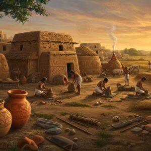 A panoramic view of an ancient Mehrgarh settlement at sunset, featuring mud-brick buildings with intricate geometric patterns in earthen tones (terracotta, ochre, and sienna). In the foreground, detailed ceramic pottery with complex geometric designs and animal motifs sits alongside stone tools and copper implements. A group of ancient Indian craftspeople, dressed in period-accurate woven fabrics, work on various activities - one shaping clay, another grinding grain, and a third working with early domesticated cattle. The scene is illuminated by warm, golden light creating long shadows. The background shows agricultural fields of early wheat cultivation and grazing sheep. Ethereal wisps of smoke rise from primitive kilns. The art style combines realistic archaeological details with Madhubani-inspired decorative elements, featuring rich earth tones contrasted with deep indigos and golds. Floating mandalas and sacred geometry patterns overlay the scene subtly, adding a mystical quality. The composition includes detailed textures of handmade textiles, primitive tools, and architectural elements true to the period 7000-2600 BCE.