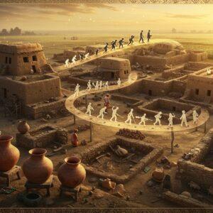 A breathtaking aerial view of an ancient Mehrgarh settlement at golden hour, featuring intricately detailed mud-brick structures and stone buildings in earthen tones (terracotta, ochre, sienna). In the foreground, beautifully crafted Mehrgarh pottery with geometric patterns and animal motifs displayed on wooden pedestals. Ancient farming tools, copper implements, and turquoise beads scattered artistically around. A ethereal, translucent timeline spiral emerges from the settlement, showcasing evolution from early farming to advanced civilization through delicate silhouettes. Soft, mystical light bathes the scene, creating dramatic shadows. Blooming cotton plants and early wheat fields surround the settlement. Indian archaeologists in traditional attire carefully excavating artifacts. Art style combines hyperrealistic archaeological precision with magical surrealism, rendered in rich, deep colors with golden highlights. Madhubani-inspired borders with traditional geometric patterns frame the scene. Ethereal dust particles float in the air, catching the light like tiny stars.