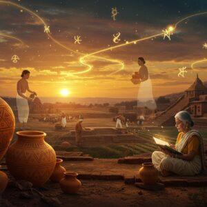 A mystical scene showcasing an ancient Mehrgarh settlement at sunset, featuring intricately detailed terracotta pottery with geometric patterns in earthen tones (ochre, burnt sienna, and deep browns). In the foreground, a wise-looking Indian female scholar in contemporary clothing studies archaeological artifacts under a warm golden light. Behind her, ethereal, translucent figures of ancient Mehrgarh inhabitants engage in daily activities - farming, pottery-making, and trading. The background reveals stepped wells, early architectural structures, and farming fields rendered in Madhubani art style. Floating above the scene are illuminated symbols representing early writing systems, appearing as golden light trails. The composition includes traditional Indian artistic elements like mandala patterns in the sky, seamlessly blending with archaeological motifs. The lighting is dreamy and atmospheric, with a color palette of warm golds, deep terracotta, and subtle turquoise accents. The overall style combines hyperrealistic archaeological details with ethereal, spiritual elements, creating a bridge between ancient and modern times. Deep focus, cinematic composition, 8k resolution.