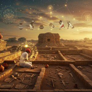 A stunning archaeological excavation scene at sunset, featuring ancient Mehrgarh ruins with intricate geometric patterns and terracotta pottery in the foreground. An ethereal, semi-transparent Indian archaeologist in traditional attire examines artifacts while surrounded by a glowing mandala-shaped aura. The scene showcases multiple layers of civilization - skeletal remains, burial sites with copper ornaments, and early farming tools arranged in a spiral pattern. Rich earthen colors dominate - deep terracotta, burnished copper, and warm sandstone hues. Floating above are translucent vignettes showing ancient daily life - early farmers with stone tools, pottery makers crafting vessels, and cattle herders. The sky features a cosmic pattern of interconnected dots and lines resembling both astronomical charts and Madhubani art. Delicate golden threads connect various artifacts to a central cosmic tree, symbolizing the evolution of civilization. The lighting is dramatic with golden hour sunbeams filtering through ancient stone structures, creating long shadows. Style combines hyperrealistic archaeological details with mystical Indian art elements, rendered in high-quality digital art with subtle texture overlays.