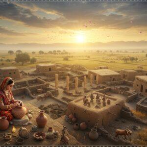 A mystical aerial view of ancient Mehrgarh settlement at dawn, featuring meticulously detailed mud-brick structures and stone dwellings in earthen tones (ochre, terracotta, and sandy browns). In the foreground, an elegantly dressed Indian woman in traditional Balochi attire performs the ancient art of pottery making, her hands crafting a beautifully decorated ceramic vessel with geometric patterns. Surrounding her are archaeological treasures - copper tools, intricately carved figurines, and early agricultural implements. The background showcases cultivated fields of wheat and barley in golden hues, with domesticated cattle grazing nearby. The scene is illuminated by a dramatic sunrise creating a golden glow, with ethereal light rays filtering through morning mist. Artistic elements include delicate Madhubani-style border patterns, subtle mandala motifs in the sky, and floating lotus petals. The composition seamlessly blends archaeological accuracy with spiritual symbolism, rendered in a dreamy, photorealistic style with rich, deep colors. Ambient dust particles catch the morning light, creating a magical atmosphere. The Bolan Pass mountains appear in the distance, their peaks wrapped in a mystical haze.