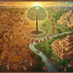 A majestic aerial view of an ancient settlement with intricate Madhubani-style borders, showing both Mehrgarh and Indus Valley cities connected by a flowing golden river. The left side depicts Mehrgarh with detailed mud-brick structures, early pottery wheels, and farmers tending to wheat fields using stone tools. The right side shows a more advanced Indus Valley city with sophisticated architecture, the Great Bath, and detailed bronze artifacts. Central focal point features a ethereal, glowing tree of life emerging from a lotus, its branches intertwining both civilizations. Archaeological artifacts float in a spiral pattern around the tree - terracotta figurines, pottery shards, copper tools, and steatite seals with Indus script. The scene is rendered in rich earth tones (terracotta, ochre, deep browns) with highlights of metallic gold and turquoise. Ethereal light bathes the scene in a warm, mystical glow. Small details include women grinding grain, craftsmen working with bronze, and traders with bullock carts. The art style combines traditional Indian miniature painting techniques with modern digital art aesthetics, creating a surreal, timeless quality.