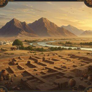A panoramic view of ancient Mehrgarh settlement nestled in the Bolan Pass, with majestic Balochistan mountains in deep earth tones rising dramatically in the background. In the foreground, a meticulously detailed archaeological site with partially excavated mud-brick structures and pottery in traditional Mehrgarh style. The Bolan River winds through the scene like a silver serpent, its banks lush with vegetation contrasting against the arid landscape. The scene is illuminated by a golden sunset, casting long shadows and creating a dramatic interplay of light. Traditional Baloch traders with caravans are seen traversing the ancient trade route. The art style combines traditional Indian Miniature painting techniques with modern digital art, featuring rich ochres, terracottas, and deep blues. Intricate mandala-like patterns frame the corners of the scene, incorporating motifs found in actual Mehrgarh artifacts. The composition includes subtle archaeological tools and excavated relics scattered throughout, rendered in metallic gold accents. The atmosphere is mystical with a slight haze, suggesting the passage of time between ancient and modern eras.