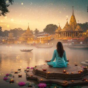 A serene evening scene in Kashipur with the majestic Nanda Devi Temple's golden spires glowing in warm sunset light. In the foreground, a young Indian woman in a flowing pastel blue kurta sits in padmasana (lotus pose) on an intricately carved stone platform, surrounded by floating lotus flowers and diyas. The background features detailed Madhubani-style artwork depicting the holy Kosi River with traditional boats. Mystical golden light particles float in the air. The scene transitions into a stylized mandala pattern incorporating elements of local architecture and nature - peacocks, banyan trees, and temple motifs. The color palette combines deep maroons, saffron, and turquoise with modern gradient effects. Soft mist rises from the river, creating an ethereal atmosphere. The architectural details are rendered in a contemporary minimalist style while maintaining traditional elements. The overall composition has a dreamy, photorealistic quality with subtle sacred geometry patterns overlaid.