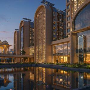 A stunning modern glass and steel building seamlessly integrated with traditional Indian architectural elements, featuring sweeping curves reminiscent of the Lotus Temple. The structure rises against a twilight sky, with intricate jaali patterns casting geometric shadows. The building's facade incorporates contemporary interpretations of traditional Indian motifs in gold and copper tones. The foreground features a reflecting pool with floating lotus flowers, creating perfect mirror reflections. Warm lighting emanates from within the building through large windows, contrasting with the cool blues and purples of dusk. Modern sustainable elements like vertical gardens and solar panels blend with classical Indian architectural features like domed structures and ornate pillars. The composition includes delicate Madhubani-style patterns in the landscaping, while sleek glass elevators move along the exterior. The scene is captured in a cinematic wide-angle view, with soft ambient lighting and subtle golden highlights. Hyperrealistic 3D rendering style with atmospheric depth, architectural photography aesthetic, 16K resolution, perfect composition.