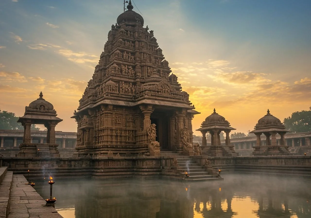 The serene and sacred Bindu Sagar Lake in Bhubaneswar, surrounded by ancient temples.