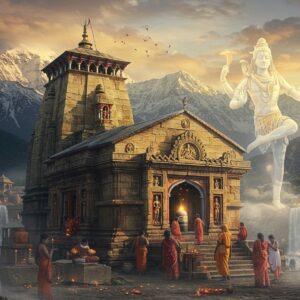 A majestic stone temple carved in Nagara architecture style set against the backdrop of snow-capped Himalayan peaks, with Lord Shiva's cosmic dance pose in the foreground as a translucent, ethereal figure, 8 feet tall, four-armed, holding damaru in upper right hand, trishul in upper left hand, lower right hand in abhaya mudra, and lower left hand pointing towards the temple. The temple structure features intricate stone carvings of celestial beings and geometric patterns, illuminated by golden divine light streaming through clouds. A sacred stone Shivling inside the temple sanctum emits a soft blue aura. The scene includes devotees in traditional Indian attire performing puja with flowers and diyas. Multiple small waterfalls cascade nearby, creating a misty atmosphere. The color palette combines deep browns and grays of the ancient stone temple with vibrant spiritual colors - saffron, deep blue, and gold. Ethereal Madhubani-style patterns float in the air, while traditional Pattachitra art elements decorate the temple pillars. The entire scene is rendered in a photorealistic digital art style with mystical lighting and a surreal, dreamy quality.