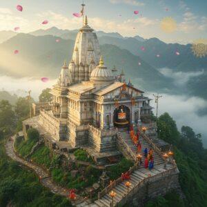 A majestic aerial view of Mukteshwar Mahadev Temple perched atop a lush green hill, with intricate Nagara-style architecture in white marble and golden spires catching the morning sunlight. The temple is surrounded by misty mountains in soft pastel blues and greens. In the foreground, a winding stone pathway adorned with traditional oil lamps leads to the temple, with devotees in colorful traditional Indian attire ascending the steps. The scene features floating lotus petals and glowing golden mandalas in the sky, creating a mystical atmosphere. A large, detailed Shiva lingam with water droplets and fresh marigold garlands is visible through the temple entrance. The composition includes ancient stone carvings, bells, and traditional Pahari architectural elements with intricate geometric patterns. The lighting is ethereal with soft golden rays filtering through morning mist, creating a dreamlike quality. Art style combines photorealistic architecture with spiritual symbolism and Madhubani-inspired decorative elements in deep maroons, saffron, and peacock blue tones.