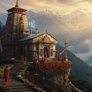 A magnificent ancient stone Shiva temple perched dramatically on a mountain cliff edge in the Himalayas, with snow-capped peaks in the background. The temple architecture features intricate Nagara-style carvings, wooden details, and a prominent shikhara adorned with bells. Lord Shiva's trishul emerges from the temple top, glowing with divine blue energy. The scene is captured during sunrise, with golden rays piercing through misty clouds, creating an ethereal atmosphere. In the foreground, stone steps decorated with marigold flowers and diyas lead to the temple. Prayer flags flutter in the mountain breeze, while two devotees in traditional Uttarakhandi attire offer prayers. The surrounding landscape showcases dense deodhar trees, creating a mystical forest setting. The color palette combines deep earthy stones, morning golden light, misty blues, and vibrant marigold orange. The artwork style merges hyperrealistic digital painting with traditional Indian temple art motifs, emphasizing both grandeur and spirituality.