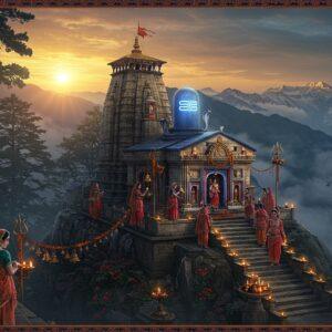 An ancient Shiva temple perched atop a dramatic Himalayan peak, with intricate Nagara-style architecture featuring ornate spires and detailed stone carvings. Lord Shiva's massive crystal Lingam glows with divine blue light at the center, surrounded by brass bells and marigold garlands. Traditional Kumaoni women in colorful local attire perform parikrama around the temple. The foreground shows detailed Madhubani-style artwork depicting sacred symbols - trishul, damru, and serpents. The background captures misty mountains at sunset with golden rays filtering through clouds, creating a mystical atmosphere. Pine trees and rhododendrons frame the scene. The artwork combines hyperrealistic architectural details with ethereal lighting effects, rendered in rich colors - deep blues, saffron, and gold. Multiple levels of stone steps leading to the temple are decorated with oil lamps creating a warm glow. The entire scene is encompassed within an ornate mandala border featuring traditional Kumaoni patterns and motifs, all rendered in a modern digital art style with dramatic depth of field and atmospheric perspective.