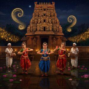 A majestic night scene at Swamimalai Temple's grand gopuram illuminated by warm golden oil lamps, with intricate Dravidian architecture details rendered in deep maroon and saffron. In the foreground, three classical Bharatanatyam dancers in vibrant silk costumes (deep red, royal blue, and emerald green) perform graceful poses with perfect symmetry. Their jewelry glints in the light, and their hands form traditional mudras. Behind them, two Nadaswaram players and three drummers with traditional thavil create a visual rhythm. Floating mandalas and swirling musical notes made of golden light surround the scene. The temple pond reflects the entire scene like a mirror, with lotus flowers floating on its surface. The background shows Lord Murugan's peacock in ethereal blue hues, its feathers transformed into flowing musical waves. The lighting combines warm temple flames with cool moonlight, creating a mystical atmosphere. Rendered in a style merging traditional Tanjore painting techniques with modern digital art, emphasizing the gold work and intricate details.