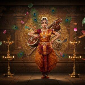 A mesmerizing scene of a grand traditional Bharatanatyam dancer in mid-performance, wearing a stunning silk Kanjeevaram saree in rich maroon and gold, with traditional temple jewelry gleaming under dramatic lighting. Her pose captures the peak of a challenging adavu, with perfect aramandi position. Behind her, a semi-transparent ethereal backdrop features intricate Carnatic music instruments - a golden veena, mridangam, and violin arranged in a mandala pattern. The background shows stylized carved pillars of the Kapaleeshwarar Temple with intricate gopuram architecture. Floating musical notes transform into peacock feathers and lotus petals. The scene is illuminated by warm golden light from traditional brass lamps, creating dramatic shadows. The color palette focuses on deep maroons, burnished golds, peacock blues, and earth tones. The art style combines hyperrealistic details with surreal elements, featuring both Tanjore painting influences and modern digital art techniques. Multiple ghost images of the dancer's hand mudras appear as trailing motion blur effects, suggesting movement and rhythm. The overall composition suggests both traditional grandeur and contemporary dynamism.