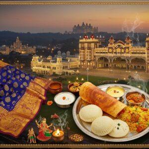 A majestic aerial view of Mysore Palace at twilight, illuminated by thousands of golden lights, with the Chamundi Hills temple glowing in the background. In the foreground, a traditional Mysore silk saree with intricate gold zari work gracefully drapes across the scene, its rich peacock blue and deep maroon patterns forming an artistic frame. A carved silver plate displays iconic Mysore dishes - fluffy Mysore pak, ghee-dripping masala dosa, and fragrant biriyani, garnished with jasmine flowers. Floating mandala patterns inspired by the palace's architecture blend with steam rising from the food. The scene is adorned with classical Mysore paintings style elements, showing bharatanatyam dancers in dynamic poses. Soft, ethereal light bathes the scene, creating a dreamy atmosphere with hints of incense smoke curling through the air. The color palette focuses on royal golds, deep purples, and rich emeralds, while incorporating traditional Mysore painting techniques with modern digital art aesthetics. Intricate architectural details of the palace merge with spiritual motifs, creating a seamless blend of royal grandeur and cultural heritage.