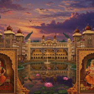 A majestic aerial view of Mysore Palace at dusk, illuminated by thousands of golden lights, reflecting in a serene lotus pond. The foreground features intricate Mysore-style silk paintings coming to life, showing classical Bharatanatyam dancers in traditional silk costumes and temple jewelry. The scene transitions into detailed Mysore traditional paintings depicting royal court scenes with maharajas in elaborate jewels and silk robes. Floating elements include delicate Mysore jasmine flowers, sandalwood artifacts, and intricate Mysore Rosewood inlay work patterns. The sky features a dreamy blend of deep purple and gold clouds, with peacocks perched on golden domes. The art style combines hyperrealistic architectural details with ethereal Indian miniature painting techniques, featuring rich jewel tones of royal blue, deep maroon, and burnished gold. Multiple layers of intricate geometric patterns inspired by Islamic architecture blend seamlessly with Hindu temple motifs. The lighting creates a dramatic interplay of light and shadow, with soft golden rays filtering through ornate archways. The composition maintains traditional Indian art symmetry while incorporating modern digital art techniques for depth and atmosphere.
