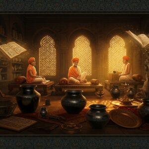 A richly detailed ancient Indian scriptorium scene with Indian scholars in traditional dhoti and uttariya, seated on ornate wooden platforms, illuminated by warm golden sunlight streaming through decorative arched windows. In the foreground, exquisitely crafted black polished pottery vessels with distinctive metallic sheen characteristic of NBPW, arranged artistically alongside palm leaf manuscripts and copper plates. The scene features intricate Madhubani-style borders with peacock motifs and geometric patterns in deep indigo and terracotta. Sanskrit scriptures float ethereally in golden light, while craftsmen in the background polish pottery using traditional techniques. The setting includes period-accurate details like oil lamps, manuscript storage shelves, and writing implements. The color palette emphasizes deep blacks, lustrous metallics, and warm earth tones, with accents of royal blue and saffron. The lighting creates a mystical atmosphere with soft glowing halos around the manuscripts and pottery. The composition should merge historical accuracy with a modern, sophisticated aesthetic, rendered in high-detail digital art style with photorealistic textures.