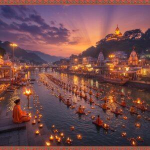 A majestic aerial view of Haridwar at dusk, centered on the illuminated Har Ki Pauri ghat with hundreds of glowing diyas floating on the crystal-clear Ganges River. The sacred fire of the Ganga Aarti ceremony creates a warm golden glow, with priests in saffron robes performing rituals using brass lamps. In the foreground, a young Indian spiritual seeker in contemporary meditation wear sits in padmasana on ancient steps, while the iconic Chandi Devi temple perches on the Neel Parvat in the background, connected by a modern cable car system. Intricate Madhubani-style borders frame the scene, featuring sacred motifs of lotus flowers and Om symbols. The sky shows a ethereal blend of deep purple and orange sunset colors, with streaming rays of light breaking through clouds. Several ashrams with their distinctive architecture dot the riverbank, their warm lights creating a welcoming glow. The lighting is mystical and dreamy, combining natural sunset hues with the shimmer of countless diyas. The style merges photorealistic architecture with spiritual symbolism and traditional Indian art elements, creating a serene yet vibrant atmosphere.