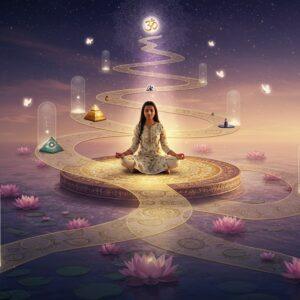 A serene young Indian woman in a flowing white and gold kurta meditating on a circular meditation platform, floating above a mystical lotus pond. The platform features intricate Madhubani-style patterns in gold. Multiple ethereal pathways made of light spiral outward from her, each path adorned with different spiritual symbols - a golden Om, crystal pyramids, prayer beads, and sacred geometrical patterns. The background shows a gradient from deep indigo to soft rose gold, with delicate mandala patterns floating like cosmic dust. Glowing butterflies in pastel hues flutter around her. The woman is surrounded by a soft, golden aura, while floating lotus flowers emit gentle light beneath. Multiple translucent doors of light appear at different depths, suggesting various spiritual paths. The lighting is dreamy and ethereal, with rays of light filtering through from above. The art style combines photorealistic rendering with magical surrealism, featuring rich textures and smooth gradients. The composition should be centered and symmetrical, creating a sense of balance and harmony.