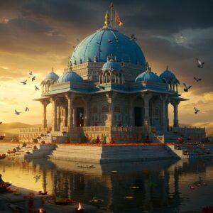A majestic ancient blue-domed temple with intricate Rajasthani architecture set against a dramatic sunset sky, its azure dome reflecting golden sunlight. The temple features detailed marble carved pillars with peacock motifs and traditional Rajput design elements. In the foreground, a serene water body reflects the temple's mirror image, surrounded by desert flora. Stone steps leading to the temple are adorned with traditional oil lamps and fresh marigold garlands. The scene is captured in rich, deep colors - royal blue, saffron, and gold dominate the palette. Ethereal rays of light filter through ornate jharokhas (traditional windows), creating a mystical atmosphere. The architectural details show Madhubani-style patterns merged with modern digital art techniques. The surrounding landscape shows gentle sand dunes with occasional desert vegetation. Small groups of pigeons flutter around the dome, adding movement to the scene. The lighting emphasizes the temple's grandeur with a soft, golden glow highlighting its architectural features, while maintaining a serene and spiritual ambiance.