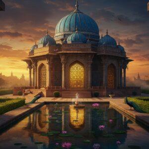 A majestic blue-domed Mughal-style temple structure with intricate geometric patterns and floral motifs, set against a dramatic Delhi sunset sky in deep oranges and purples. The temple's signature octagonal shape stands prominently, with delicate marble jalis (latticed screens) catching golden light. In the foreground, a serene reflecting pool mirrors the structure, surrounded by traditional Indian garden elements with perfectly manicured topiary. The architecture features a harmonious blend of Hindu and Islamic elements, with detailed carved pillars and arches. Soft, ethereal light streams through the jalis, creating intricate shadow patterns on the marble floor. The scene is enhanced with floating lotus flowers in the pool, while peacocks grace the garden. The color palette emphasizes deep lapis lazuli blues, royal golds, and warm sandstone hues. The art style combines hyperrealistic architectural details with ethereal lighting and mystical elements, rendered in a modern digital painting technique. Atmospheric perspective shows the historic Mehrauli skyline in the distance, establishing the temple's historical context.